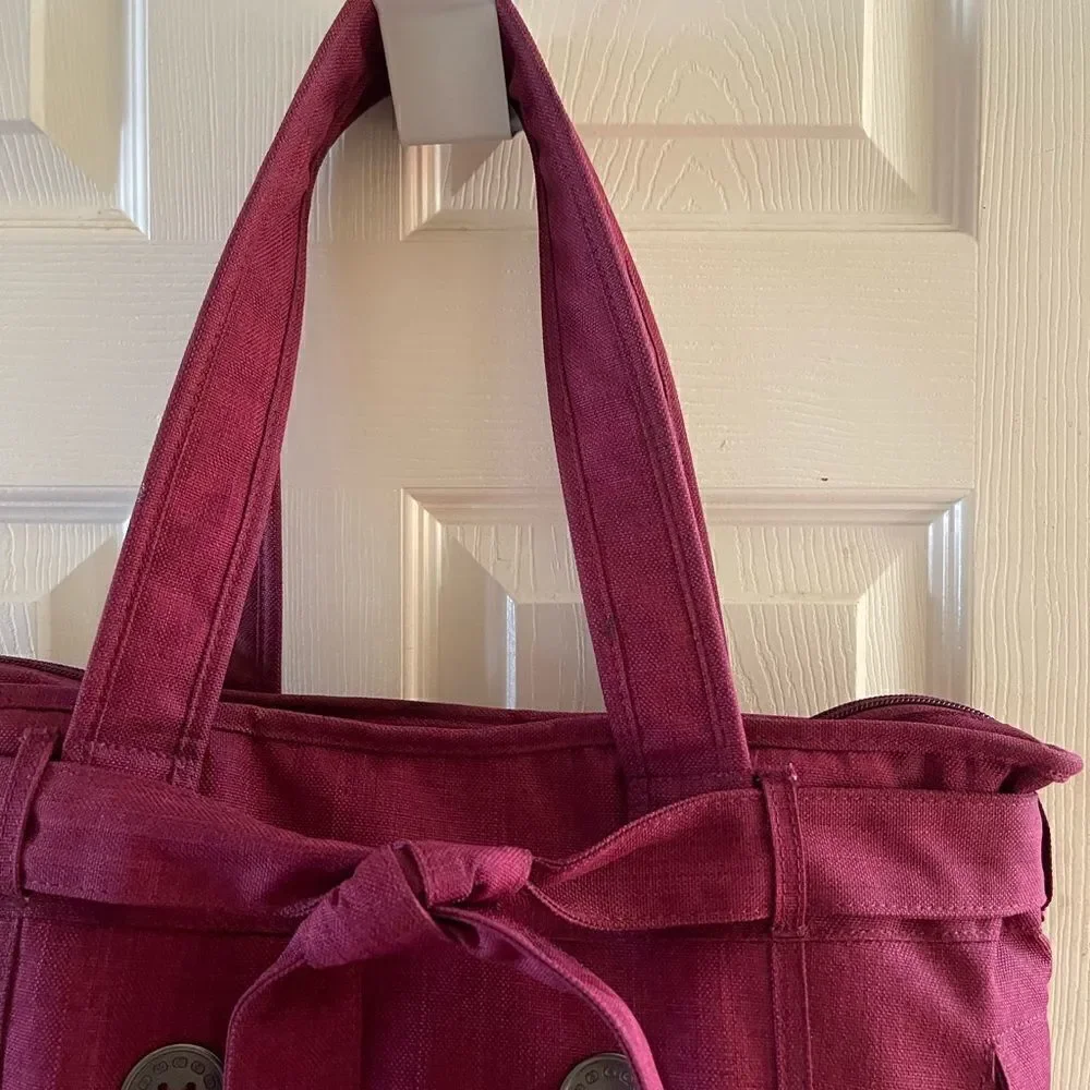 OGIO burgundy canvas large laptop tote with decorative belt fully padded